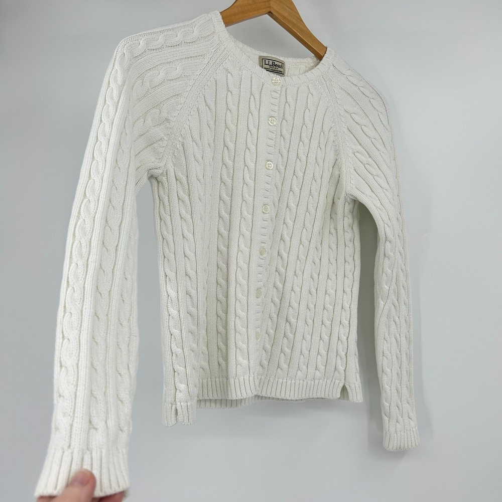 LL Bean Cable Knit Fisherman Cardigan Women M Cotton Old Money Preppy 90s Tennis